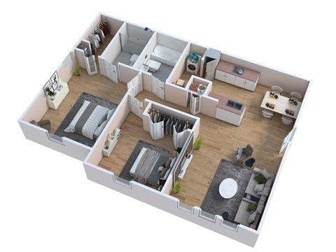 Floor plan for 2 beds, 2 baths, 852 sqft